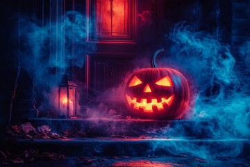 Wall Mural - The spooky atmosphere of Halloween is enhanced by glowing jack-o'-lanterns on a foggy porch