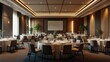 © Ubix - A modern banquet hall featuring elegantly set tables, warm lighting, and a screen, perfect for events and gatherings.
