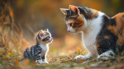 Wall Mural - A calico cat and her tiny kitten face each other in a sun-drenched autumnal scene.