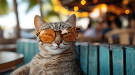 Poster - Cool cat wearing sunglasses sits at an outdoor cafe.