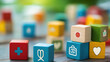 © Kosin - Vibrant arrangement of colorful wooden blocks featuring health symbols, creating playful and educational atmosphere. Ideal for children learning and development