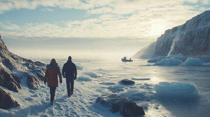 Frozen north landscape with fisherman background. Man and woman travel on vacation to ice ocean shore. Cold Canada freeze water nature with character environment scene. White northern cartoon land