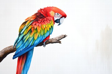 Poster - Bright parrot perched on a branch in a vivid display of colors with ample copy space for text. Generative AI
