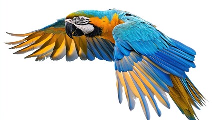 Wall Mural - A vibrant blue-and-gold macaw in flight against a white background. (1)