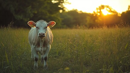 Poster - Young calf standing in a lush green field at sunset.