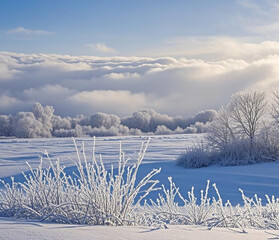 Wall Mural - Winter panorama landscape with a snow-covered forest and trees at sunrise. A winter morning marking the beginning of a new day. Winter landscape with sunset, panoramic view