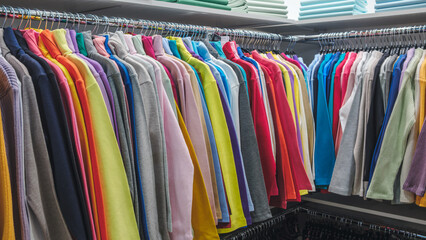 Poster - Rack of colorful sweaters hanging on a clothesline. The colors are bright and cheerful, creating a sense of warmth and comfort