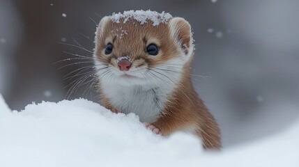 Wall Mural - Adorable weasel peeking from snowdrift, winter scene.