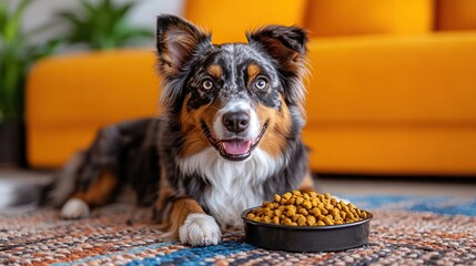 Poster - Happy Australian Shepherd dog lying on rug near bowl of dog food.