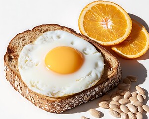 Canvas Print - Sunny-side up egg on whole wheat toast with orange slices and nuts.