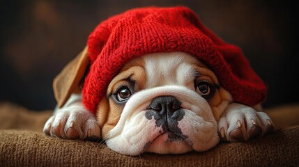 Poster - Adorable English bulldog puppy wearing a red knitted hat, lying down on a brown surface.