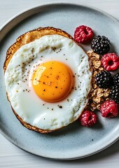 Canvas Print - Sunny-side up egg with granola and berries on a plate.