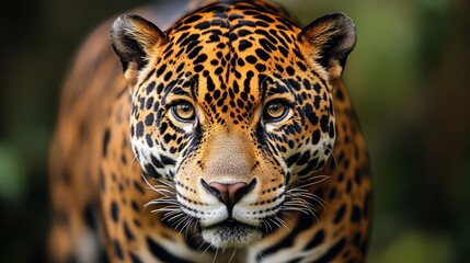 Wall Mural - Close-up portrait of a jaguar staring intensely at the camera.