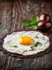 Canvas Print - Sunny-side up fried egg on rustic wooden table with herbs and two eggs in background.