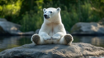 Poster - A young polar bear sits on a rock by the water, looking towards the sunlit foliage.