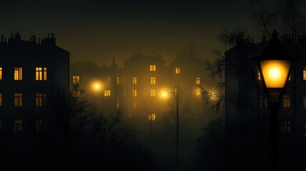 Poster - Dark cityscape at night with illuminated windows and street lamps creating a mysterious atmosphere. Generative AI