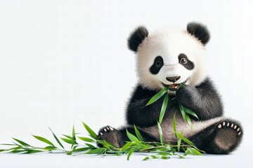 Aufkleber - Panda enjoys a meal of bamboo sitting comfortably on a clean surface with plenty of open space for text addition. Generative AI