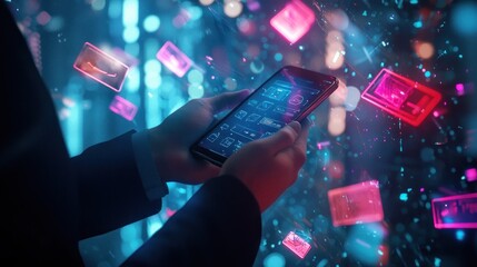 Person using smartphone with digital interface.
