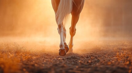 Poster - Horse's rear legs and tail, walking away at sunset, dust rising from the ground.