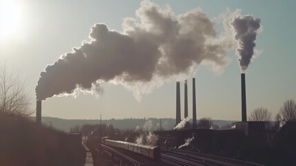 Wall Mural - Emissions from Smokestacks Near Train Station in Daylight