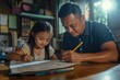 © Oleksandr - Father assists daughter with homework in cozy indoor setting on a sunny afternoon