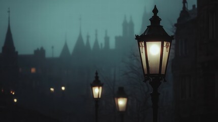 Aufkleber - Illuminated street lamps in dark cityscape evoke a sense of mystery during twilight hours. Generative AI