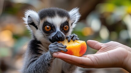 Wall Mural - Ring-tailed lemur eating peach offered by hand.