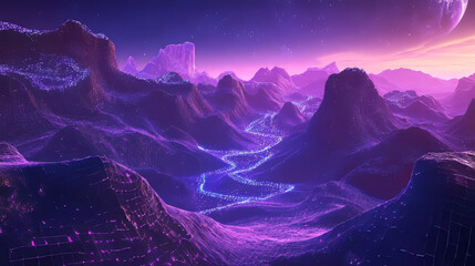 Abstract neon glow blue and purple wireframe 3d wave or mountain map for new retro wave background. Realistic vector futuristic cyber bg with grid topography landscape and wavy geometric surface.