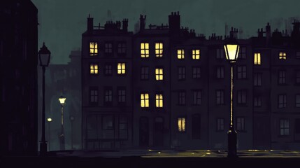 Aufkleber - Dark cityscape with illuminated windows showcasing the quiet calm of a nighttime urban environment. Generative AI