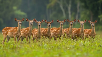 Poster - Eight axis deer standing in a row in a grassy field, looking at the camera.