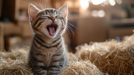 Wall Mural - Adorable tabby kitten yawning amidst hay bales in rustic barn setting.