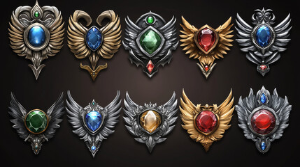 Game level silver badges, metallic ui icons, empty steel banners with wings, gem stones or iron wreath. Isolated metal award frames or bonus graphic elements, trophy achievement vector set for rpg