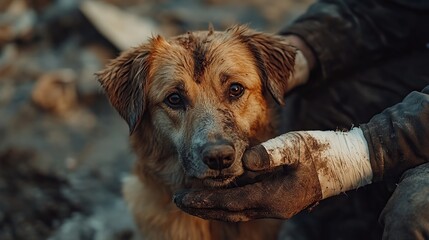 Poster - A muddy dog looks up at a person's hand offering comfort.