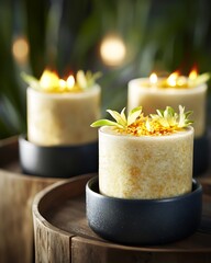 Canvas Print - Three lit cylindrical candles on wooden surface with blurred background.