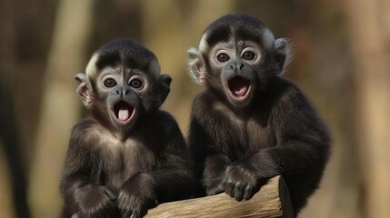 Sticker - Two adorable baby monkeys with open mouths sitting on a log.