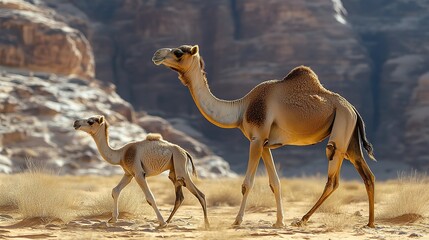 Poster - Adult camel and calf walking in desert landscape.