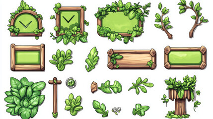 Game buttons and frames with green borders and leaves. Design elements and assets with plants for user interface. Vector cartoon set of bars, check and cross marks and panels