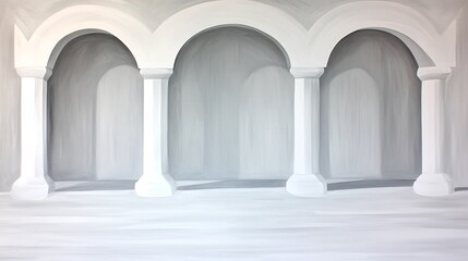 Canvas Print - Three white arches and columns, grey background, empty space.