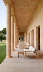 Canvas Print - Tranquil outdoor patio with columns, sofas, and lawn.