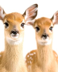 Wall Mural - Two adorable fawn deer close-up on white background.