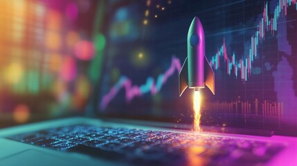 Colorful rocket launching from laptop screen with stock market graph background, isolated and transparent. Perfect for layouts and design elements to optimize visuals.