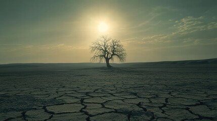 Poster - Desolate dry lakebed with a solitary tree under a scorching sun during the late afternoon. Generative AI