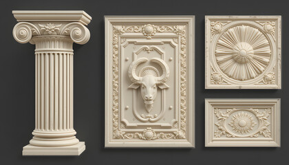 Wall Mural - classical architectural elements including a column and decorative reliefs on a dark background