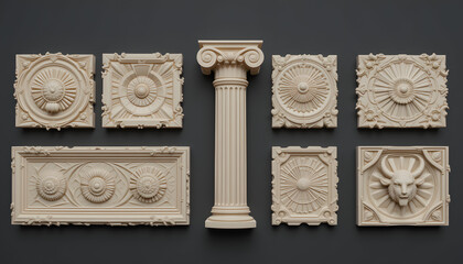 Wall Mural - architectural elements including columns and reliefs in classical style on a gray background