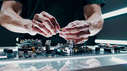 Fototapete - Expert technician assembling intricate components in modern workspace with focused precision