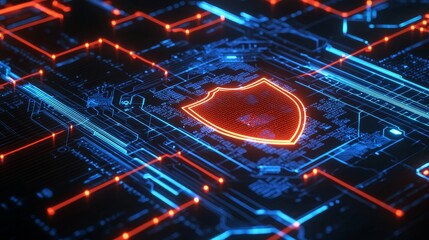 Wall Mural - a digital stronghold housing a detailed blueprint, fortified with shields, firewalls, and encryption