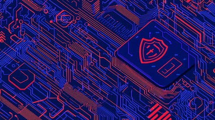 Wall Mural - a digital rampart encompassing a precise blueprint, equipped with shields, firewalls, and encryption