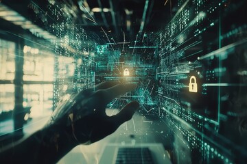 Wall Mural - a computer screen displays a person typing on a keyboard, with digital icons representing cybersecur
