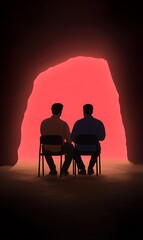 Canvas Print - Two men sit in chairs facing a glowing cave entrance.