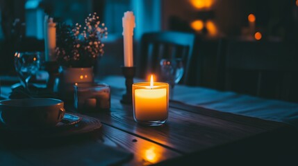 Wall Mural - Dark room with single candle flickering on wooden table during power outage, creating serene atmosphere with soft glow illuminating scattered items.